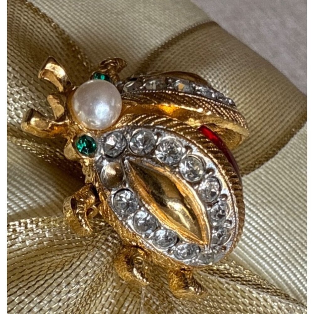 Gold-Tone Beetle Ladybug Brooch W/ Faux Pearl, Green Eyes, Red Glass Rhinestones